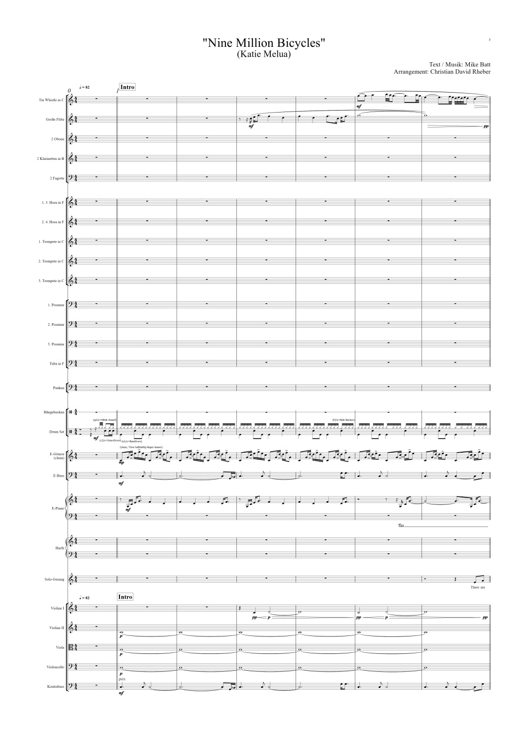 Orchester-Arrangement Nine Million Bicycles (Katie Melua), Noten für Orchester, Orchester-Partitur, für Orchester arrangiert, Orchester Partitur