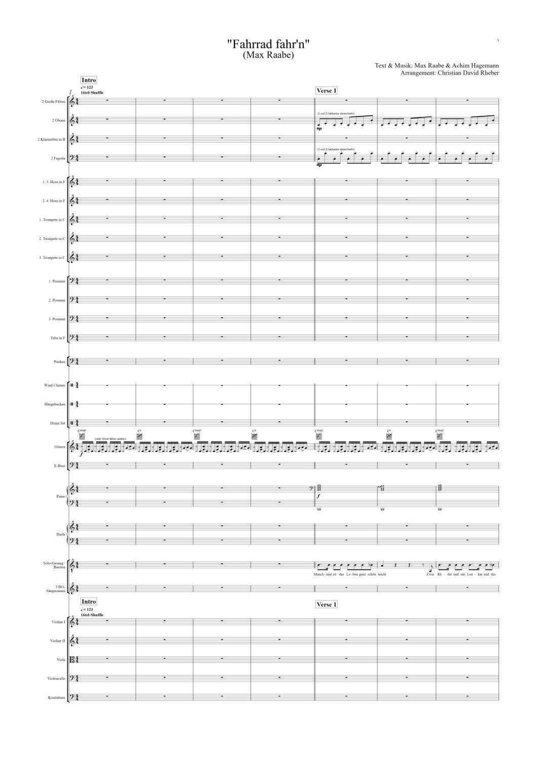 Orchester-Arrangement Fahrrad Fahr'n (Max Raabe), Noten für Orchester, Orchester-Partitur, für Orchester arrangiert, Orchester Partitur