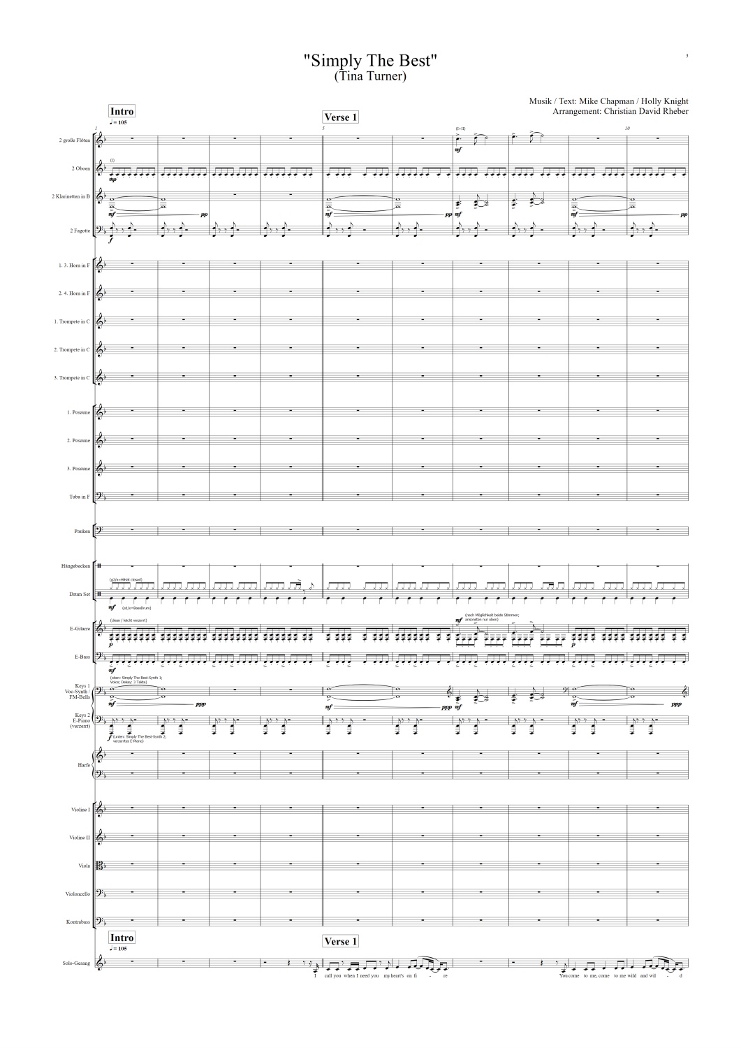 Orchester-Arrangement Simply The Best (Tina Turner), Noten für Orchester, Orchester-Partitur, für Orchester arrangiert, Orchester Partitur