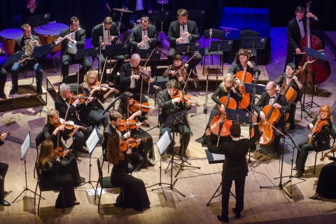 Orchester bei einer Live-Aufführung eines professionell arrangierten Musikstücks